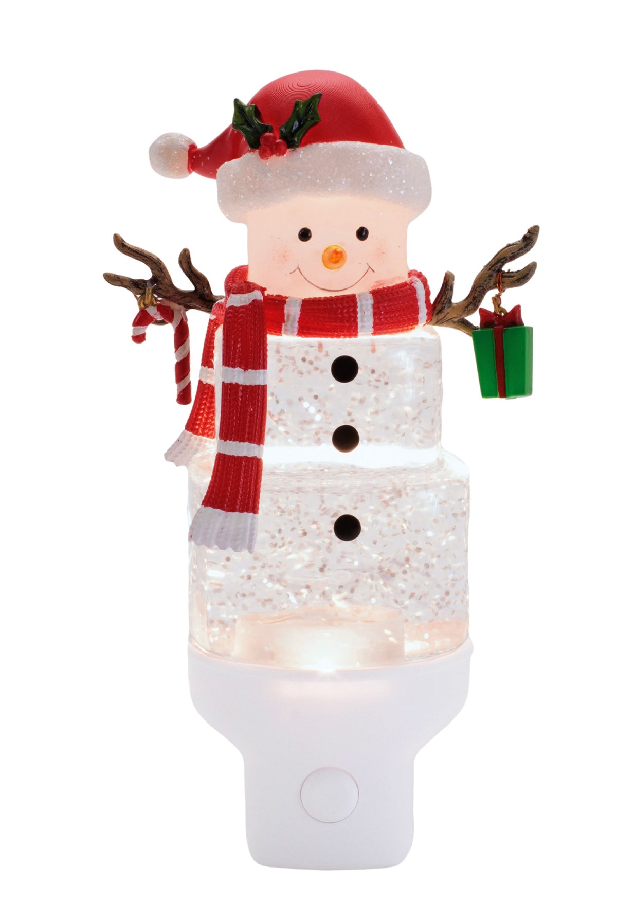Snowman night light with a red hat and scarf on a white background