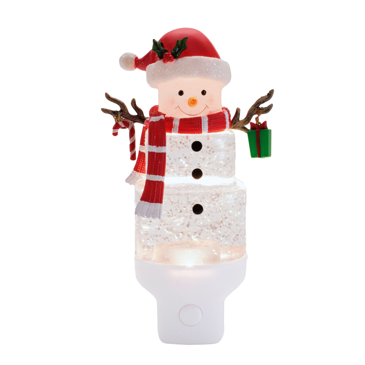 Snowman night light with a red hat and scarf on a white background