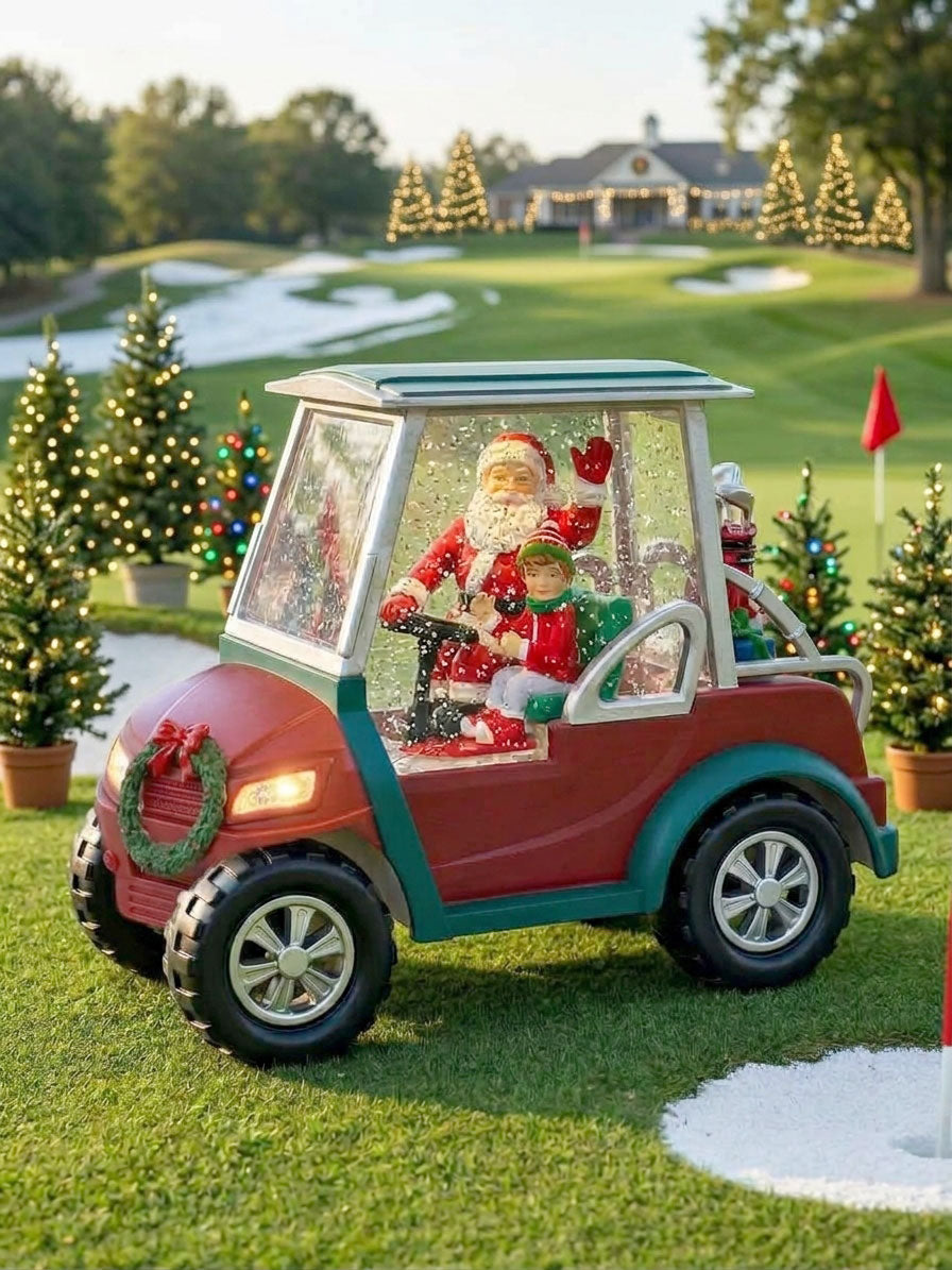 golf cart snow globe sown on a golf course at Christmas