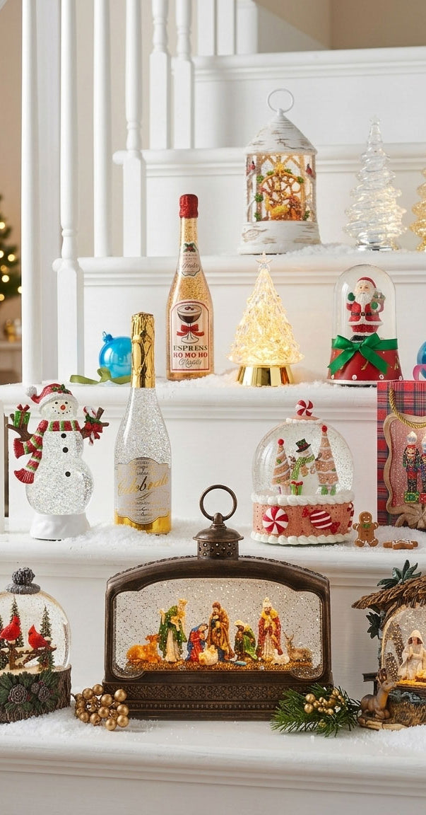 Decorative Christmas items on a staircase including bottles, snow globes, and nativity scenes.