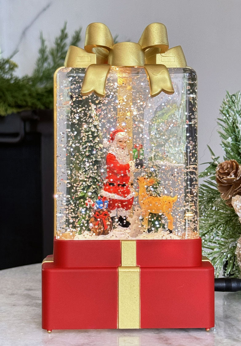 7" Musical Santa Scene In Gift Box Water Lantern With Swirling Glitter ...