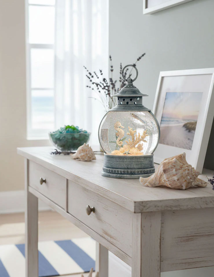Decorative table with a snow globe, shells, and a framed picture in a room with a window.