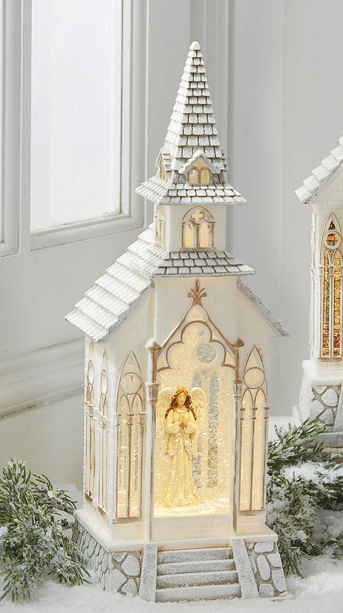 13 Inch Angel Lighted Water Church In Swirling Glitter - Timer 4100753