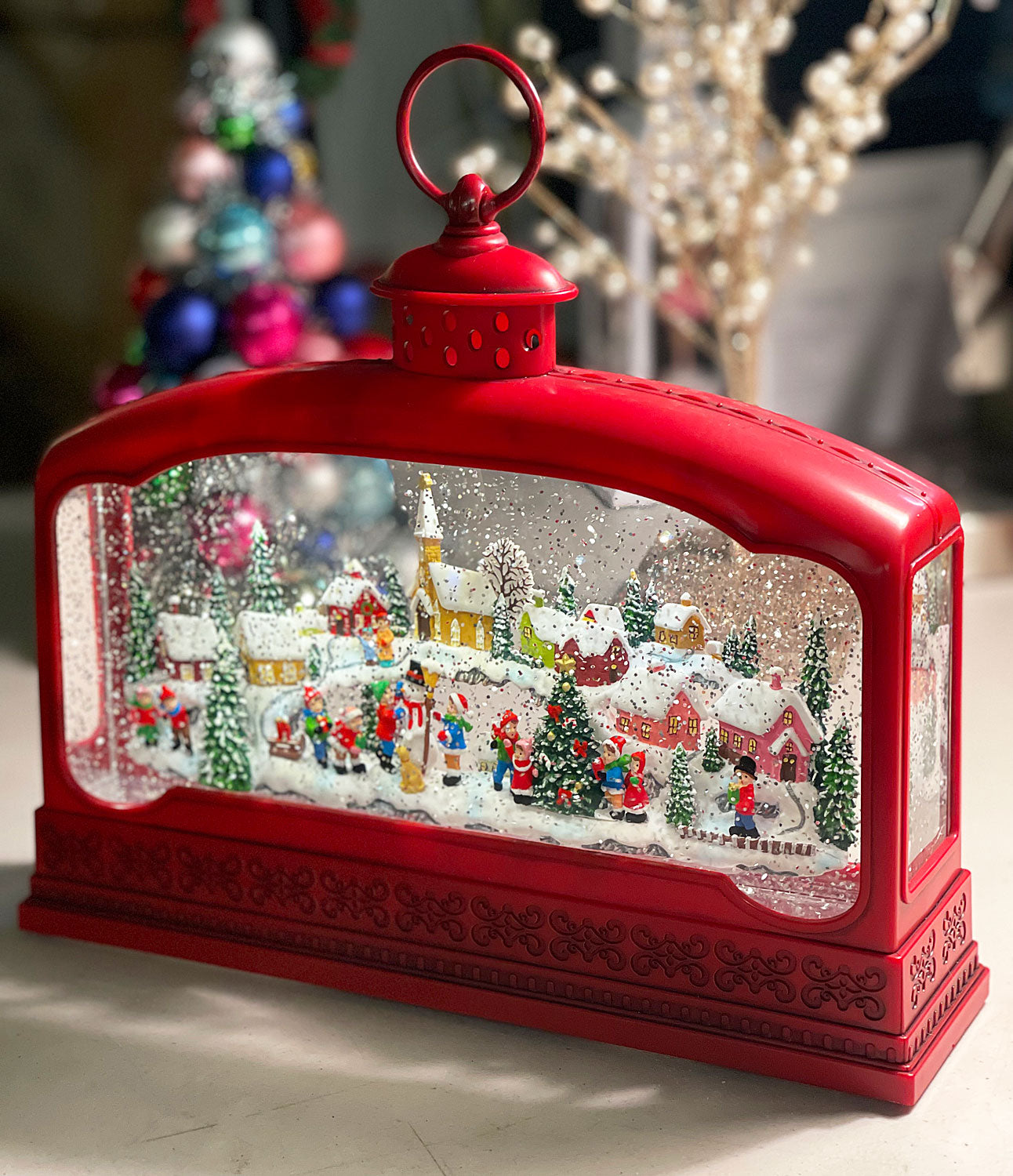 Christmas Led Scene Musical Red Lighted Christmas Village Scene Extra Wide Snow Globe With ...