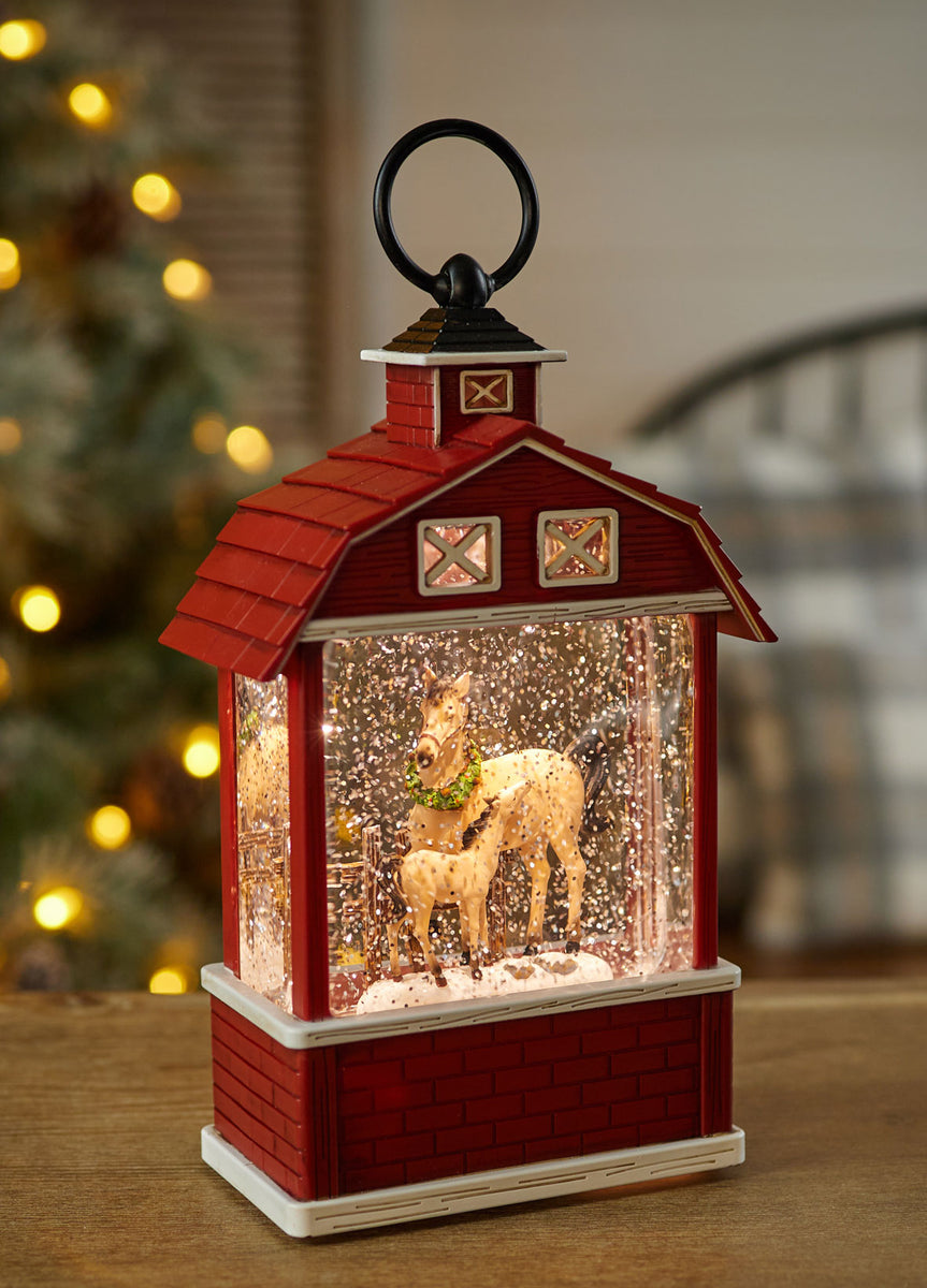 Red Barn With Horses Lighted Water Lantern With Swirling Glitter - 940 ...