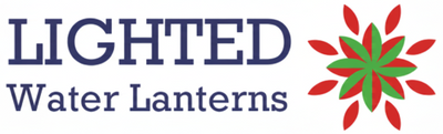 A logo featuring the text 'LIGHTED Water Lanterns' in dark blue on a white background, alongside a stylized flower lantern made of alternating red and green petal shapes.