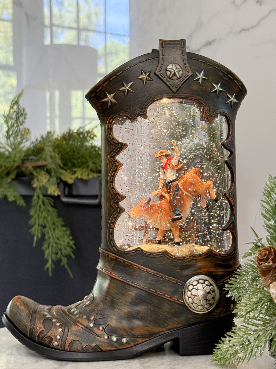 Western Boot Lighted Water Lantern With A Bull Rider In Swirling Glitt ...