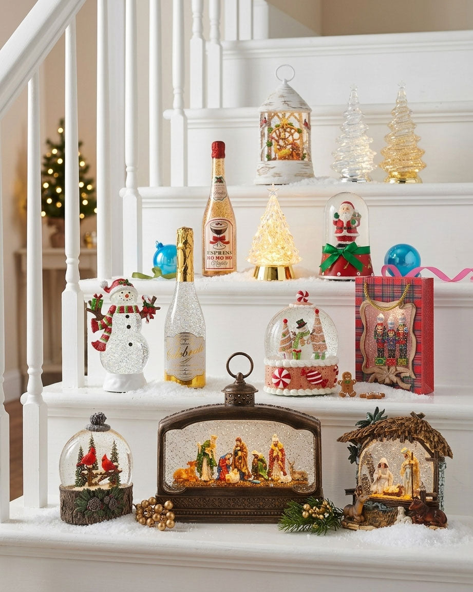 Decorative Christmas items on a staircase including bottles, snow globes, and nativity scenes.