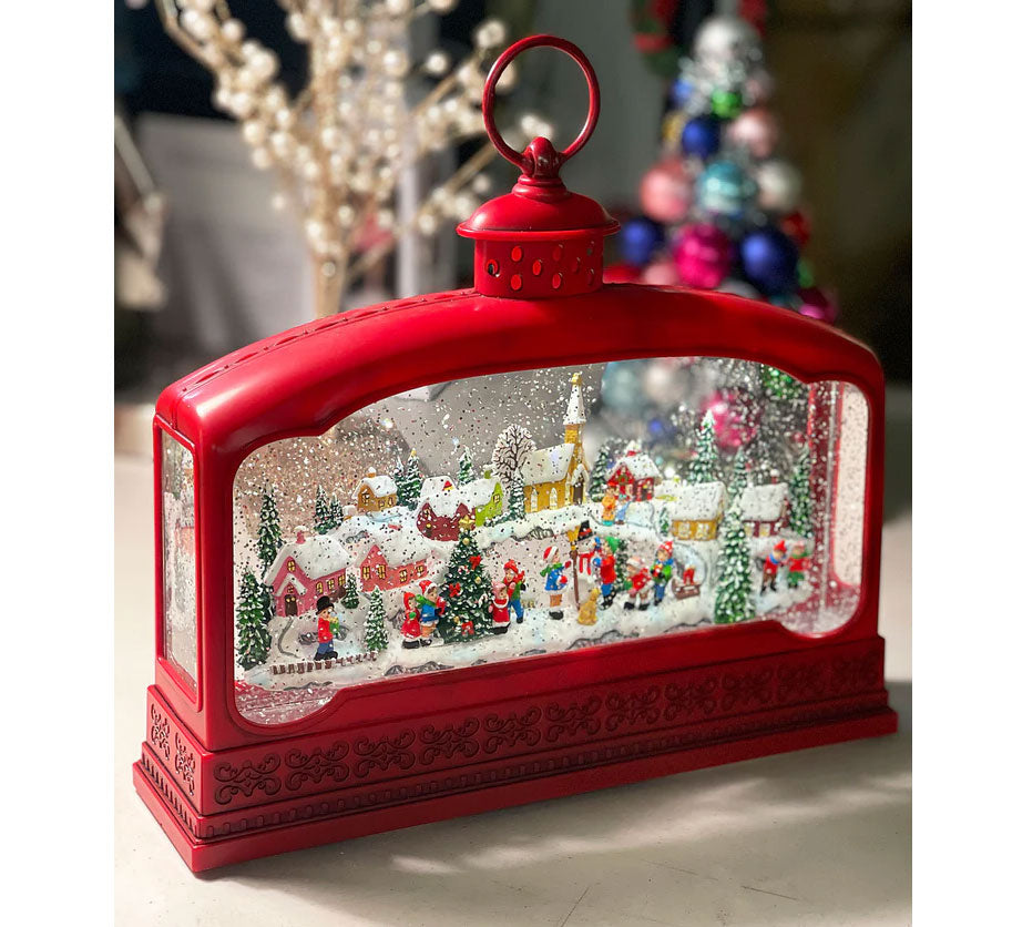Christmas Led Scene Musical Red Lighted Christmas Village Scene Extra Wide Snow Globe With ...