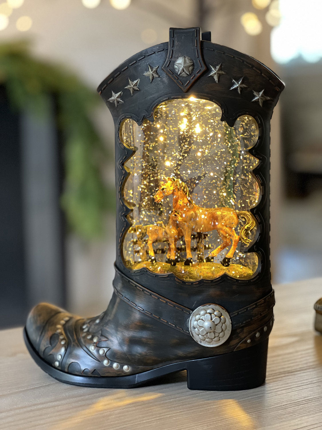 Western Boot Lighted Water Lantern With Horses In Swirling Glitter