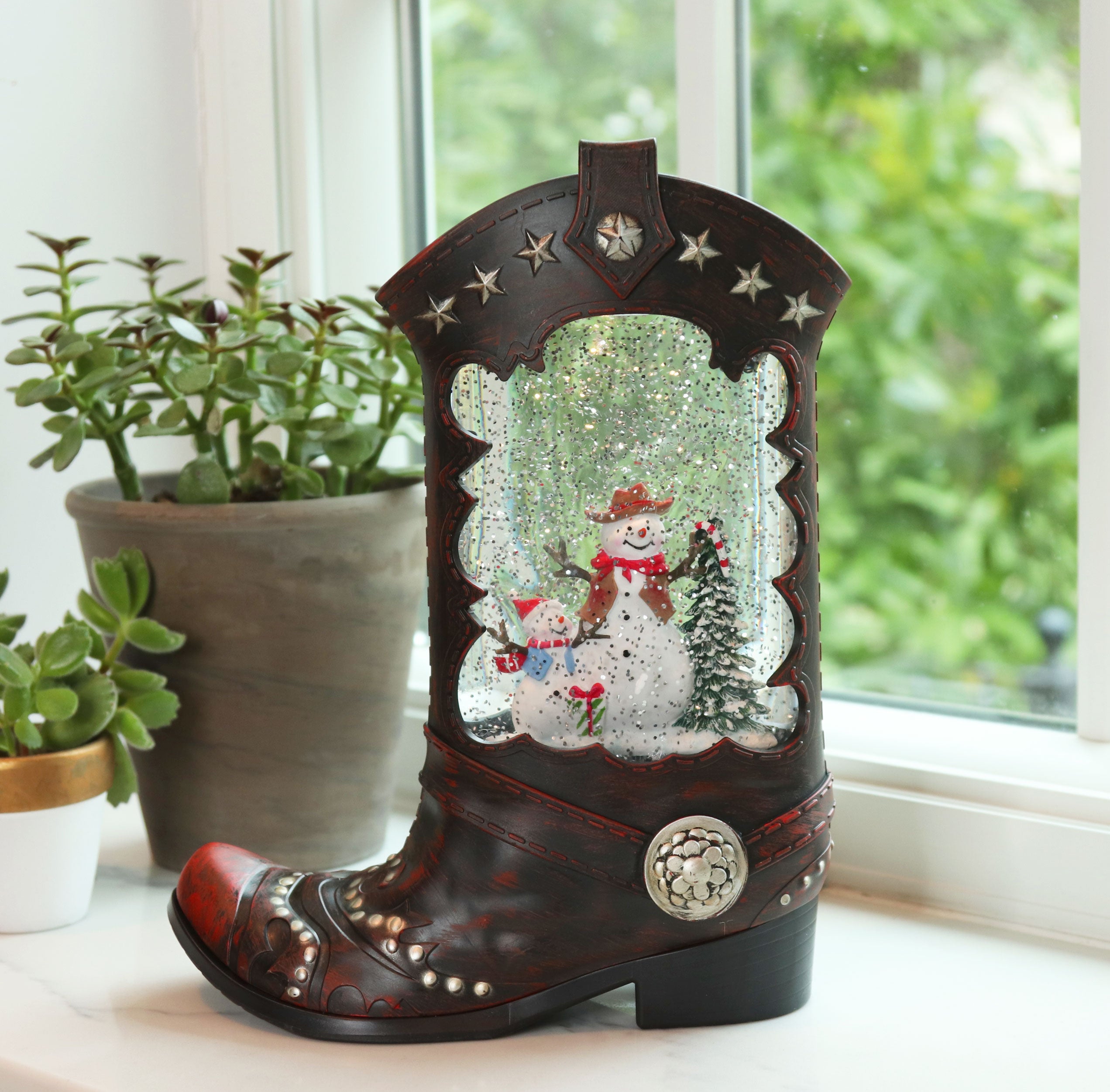 Cowboy Boot Lighted Water Lantern With Frosty The Snowman In Swirling –  Lighted Water Lanterns